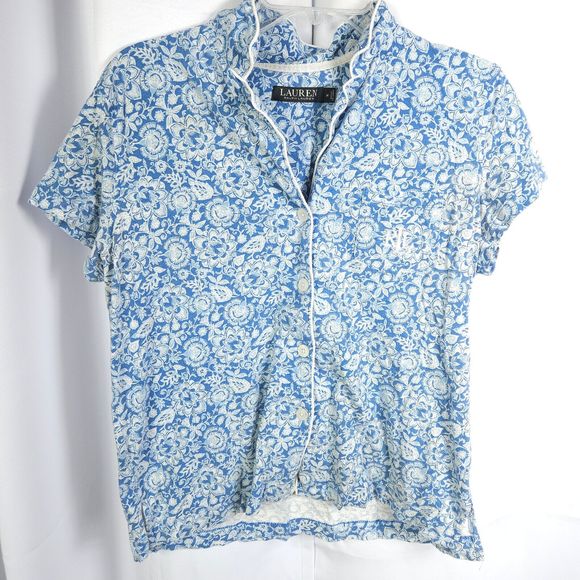 Lauren Ralph Lauren Womens Medium Blue Floral Button Down Pajama Top - Picture 1 of 8